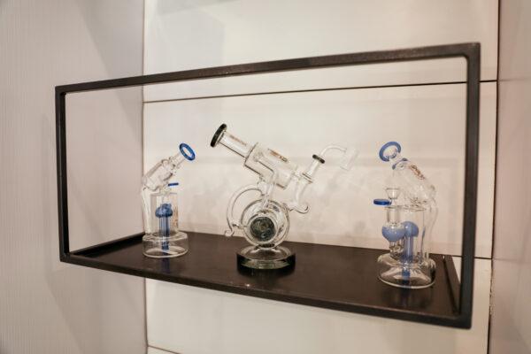 Glass rigs for taking concentrated cannabis products for sale at a dispensary in Denver, Colo., on Sept. 30, 2020. (Charlotte Cuthbertson/The Epoch Times)
