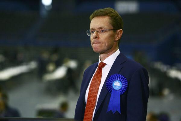 Conservative Mayor of the West Midlands Andy Street waits to speak to TV crews at the Barclaycard Arena in central Birmingham, England, on May 5, 2017. (Geoff Caddick/AFP via Getty Images)