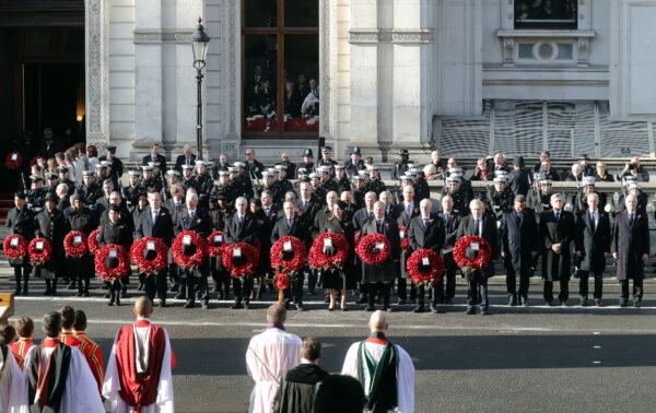British Prime Minister Boris Johnson (R) stands with politicians and former prime ministers as he attends the annual Remembrance Sunday memorial at The Cenotaph in London on Nov. 10, 2019. (Chris Jackson/Getty Images)