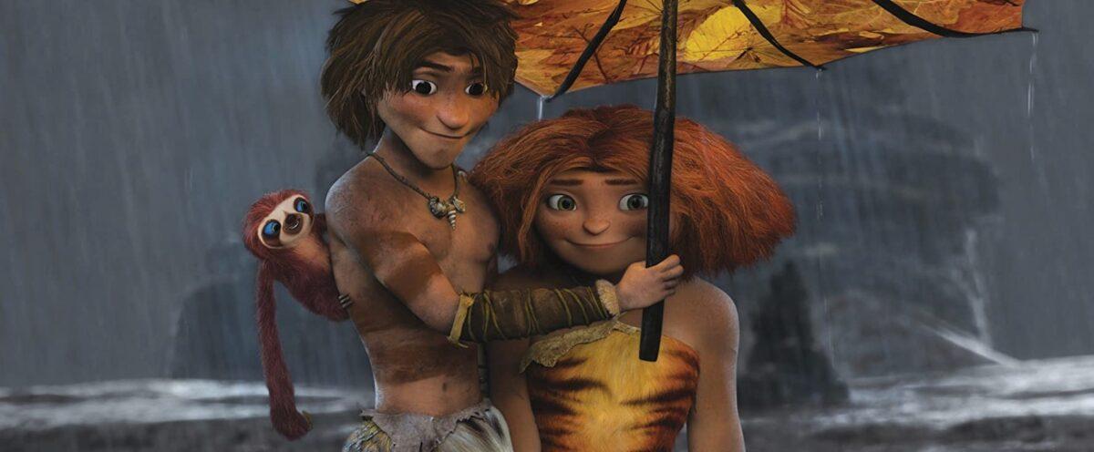 (L–R) Belt (voiced by Chris Sanders), Guy (voiced by Ryan Reynolds), and Eep (voiced by Emma Stone) in DreamWorks' caveman chronicle, “The Croods.” (DreamWorks Animation/Twentieth Century Fox)