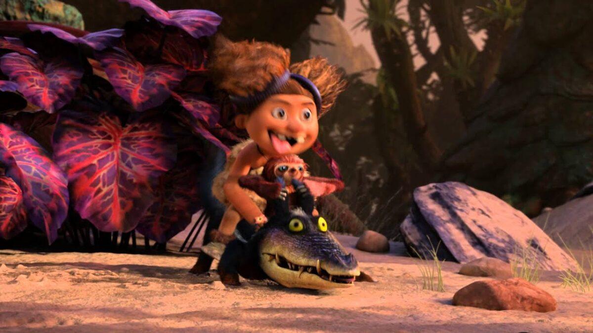Sandy (voiced by Randy Thom) and Douglas the croc-dog in DreamWorks’ caveman chronicle, “The Croods.” (DreamWorks Animation/Twentieth Century Fox)