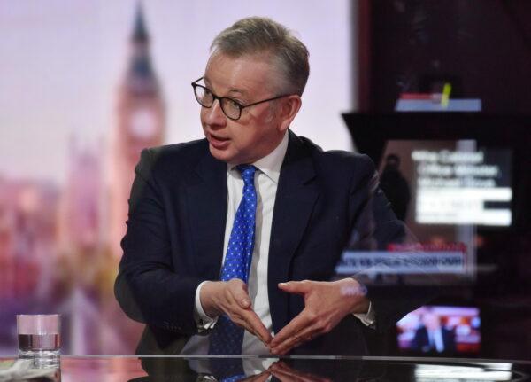 Britain's Chancellor of the Duchy of Lancaster Michael Gove appears on BBC TV's The Andrew Marr Show in London on Oct. 18, 2020. (Jeff Overs/BBC/Handout via Reuters)