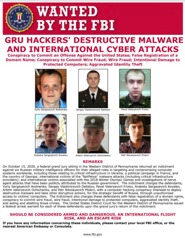 A poster showing six wanted Russian military intelligence officers. (Justice Department)