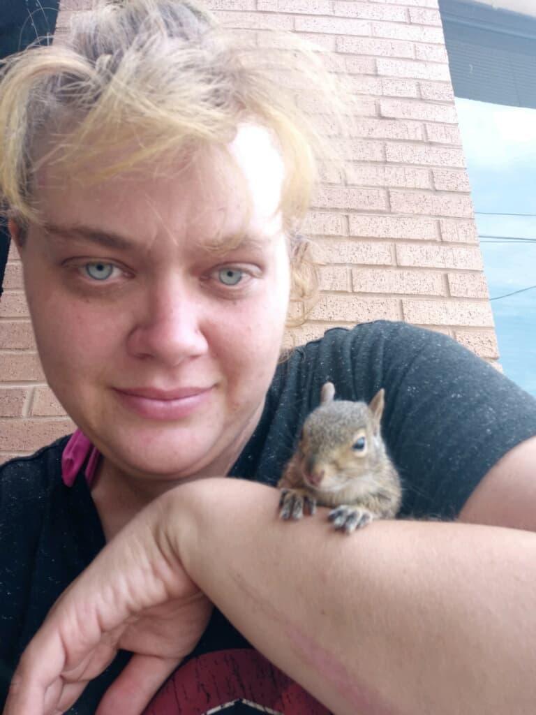 Tabitha Aldrich and Rocky the squirrel. (Courtesy ofLaura Ross)