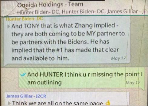 Text messages between Hunter Biden and his partners at SinoHawk. (Screenshot)