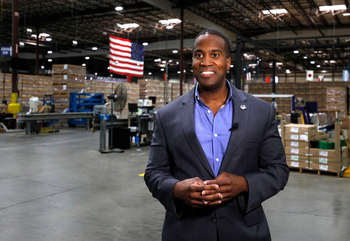 John James, Michigan GOP Senate candidate, does an interview with a news media outlet in Detroit, on Aug. 7, 2018. (Bill Pugliano/Getty Images)