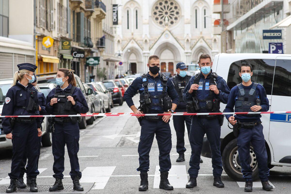 Police block the access to the Notre-Dame de l'Assomption Basilica in Nice on Oct. 29, 2020. (Valery Hache/AFP via Getty Images)
