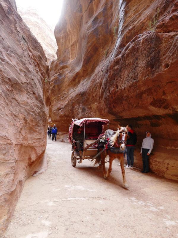 A horse-drawn carriage carries visitors through the Siq in route to Petra in Jordan. (Courtesy of Phil Allen)
