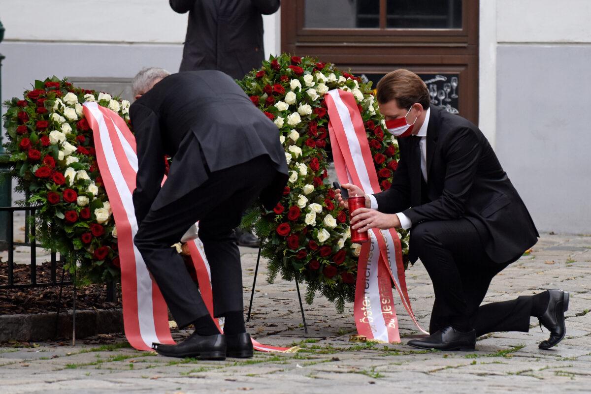 Austrian President Alexander van der Bellen and Chancellor Sebastian Kurz participate in a wreath laying ceremony the day after a terror attack in Vienna, on Nov. 3, 2020. (Thomas Kronsteiner/Getty Images)