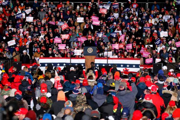 President Donald Trump speaks during his final Make America Great Again rally of the 2020 campaign at Gerald R. Ford International Airport in Grand Rapids, Mich., on Nov. 2, 2020. (Jeff Kowalsky/AFP via Getty Images)