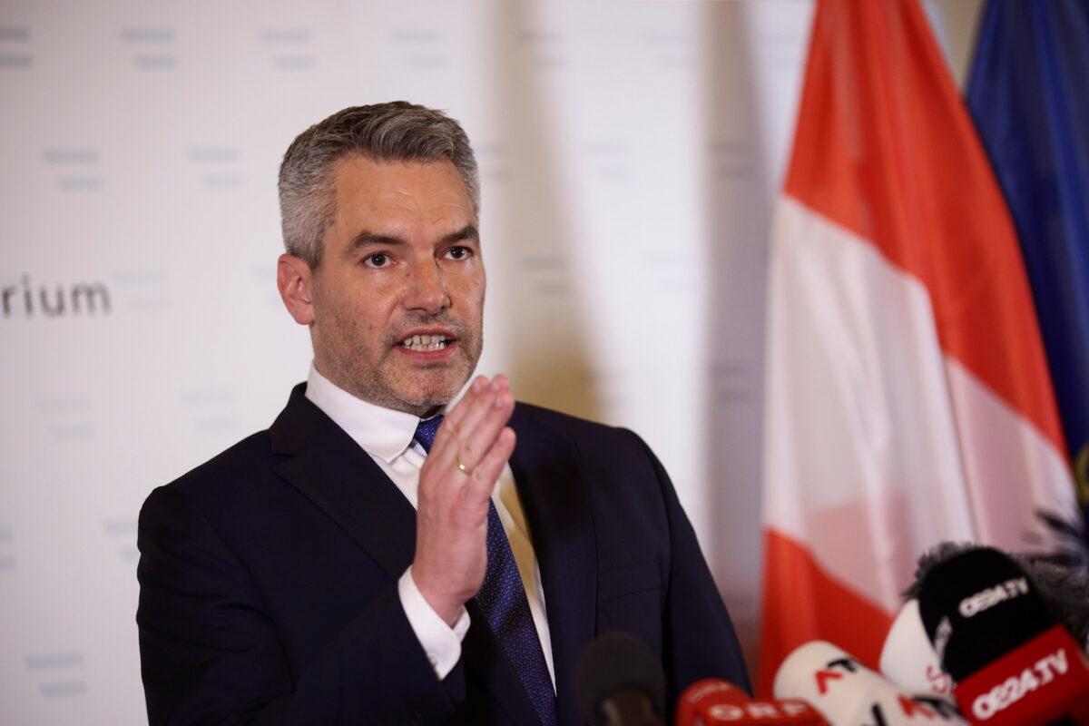 Austria's Interior Minister Karl Nehammer speaks during a news conference at the Interior Ministry after exchanges of gunfire in Vienna, on Nov. 3, 2020. (Lisi Niesner/Reuters)