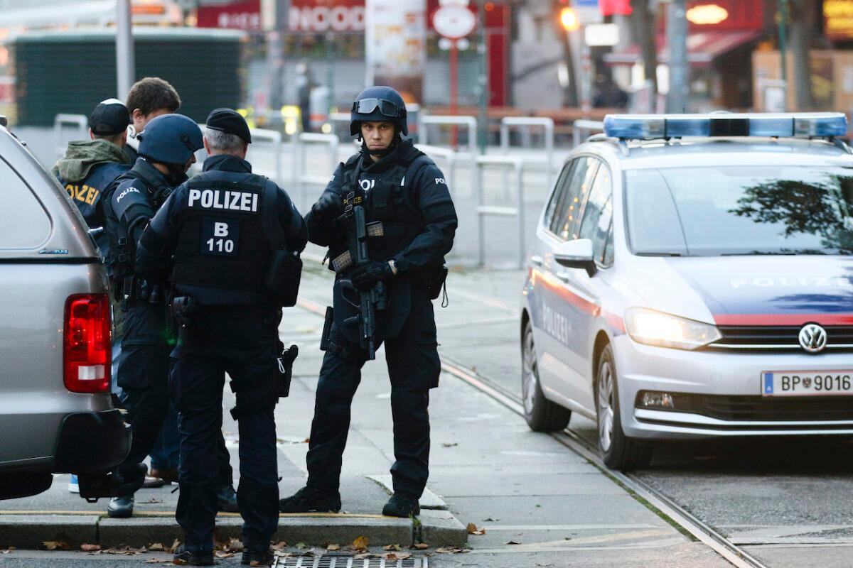 After a shooting armed police stay in position at the scene in Vienna, Austria, on Nov. 3, 2020. (Ronald Zak/Photo)