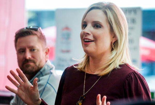 Republican candidate for Iowa's First Congressional District Ashley Hinson speaks to supporters at Jimmy Z's in Cedar Rapids, Iowa, on Nov. 3, 2020. (Jim Slosiarek/The Gazette via AP)