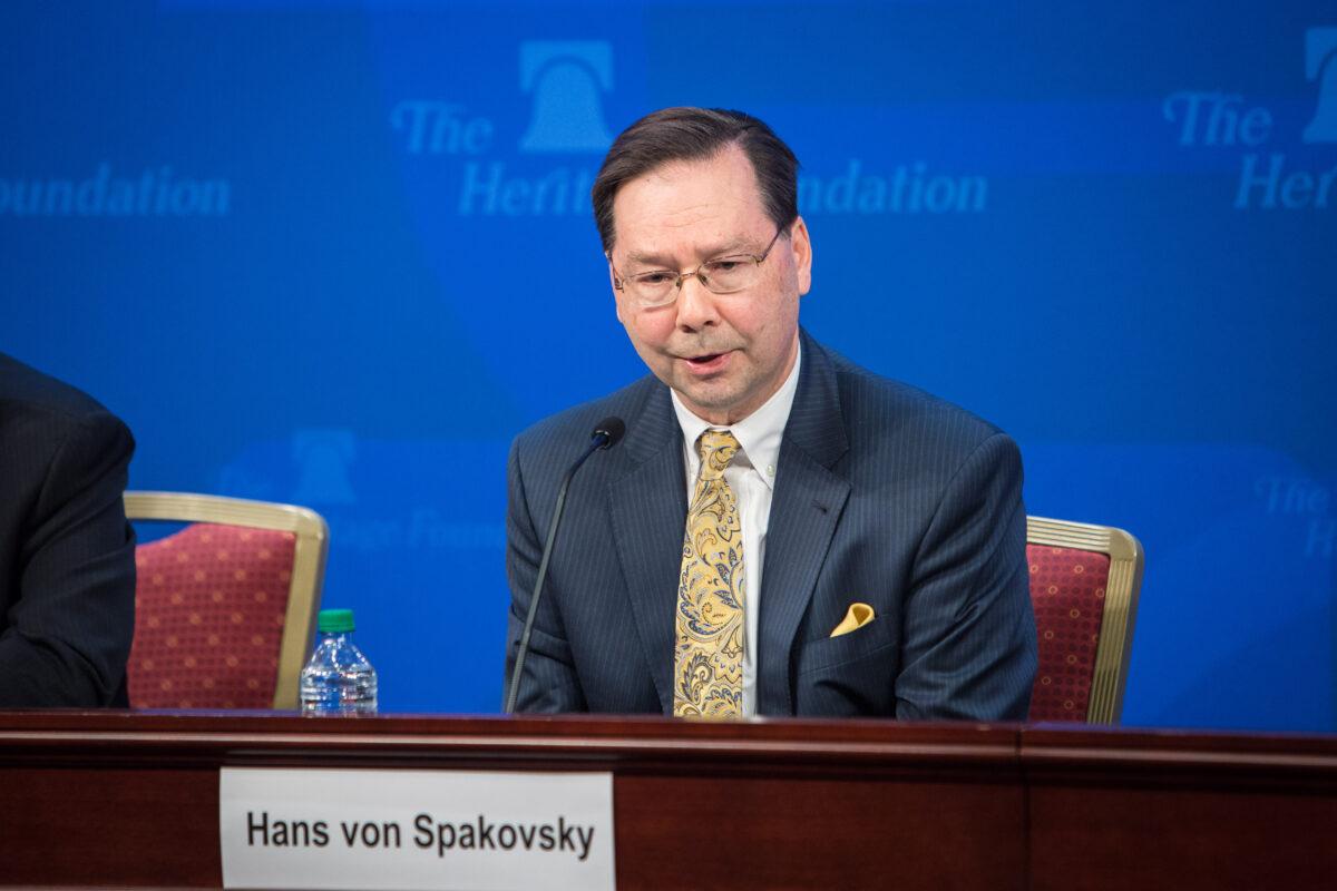 Hans von Spakovsky, manager of the Election Law Reform Initiative at the Heritage Foundation, at an immigration event at the Heritage Foundation in Washington on Oct. 17, 2017. (Benjamin Chasteen/The Epoch Times)