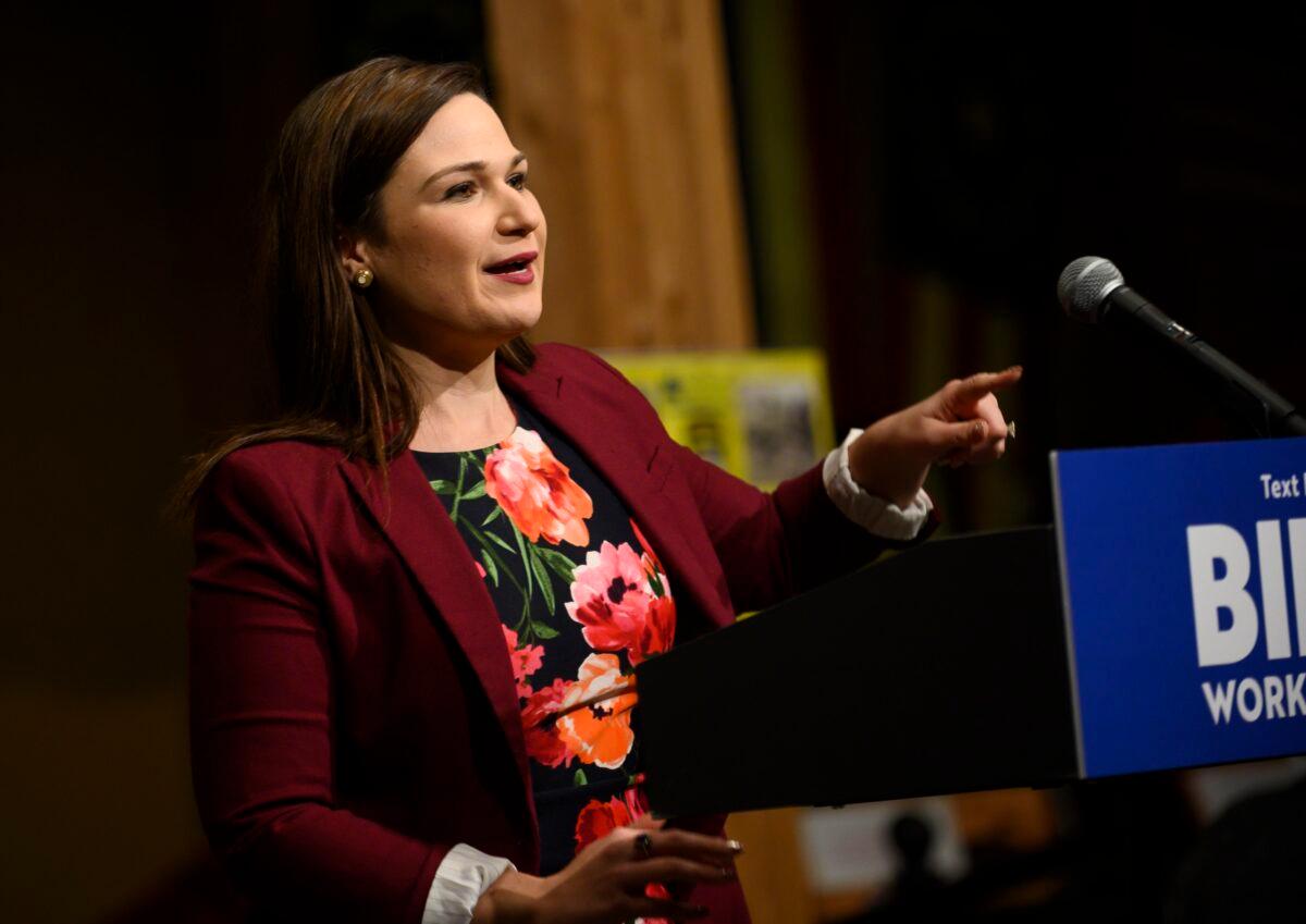 Rep. Abby Finkenauer (D-Iowa) introduces the then-Democratic presidential candidate, former Vice President Joe Biden, in Independence, Iowa, on Jan. 3, 2020. (Stephen Maturen/Getty Images)