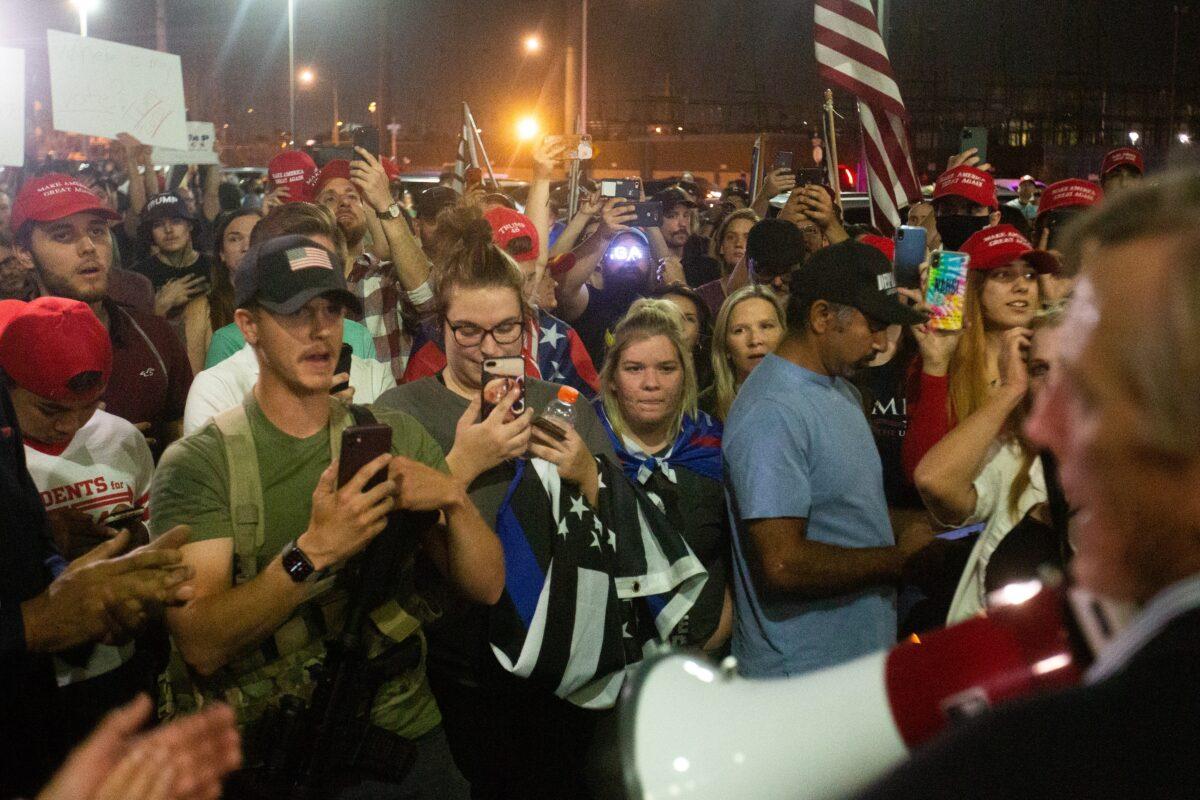 President Donald Trump supporters gather to call for votes to be counted at the Maricopa County Elections Department office in Phoenix, Ariz., on Nov. 4, 2020. (Courtney Pedroza/Getty Images)
