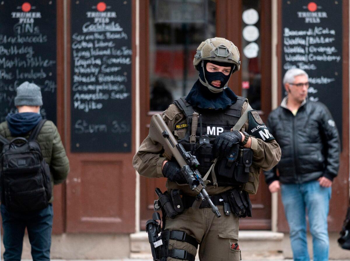 A member of a special police unit stands guard near the site of a terrorist attack in Vienna, Austria, on Nov. 4, 2020. (Joe Klamar/AFP via Getty Images)