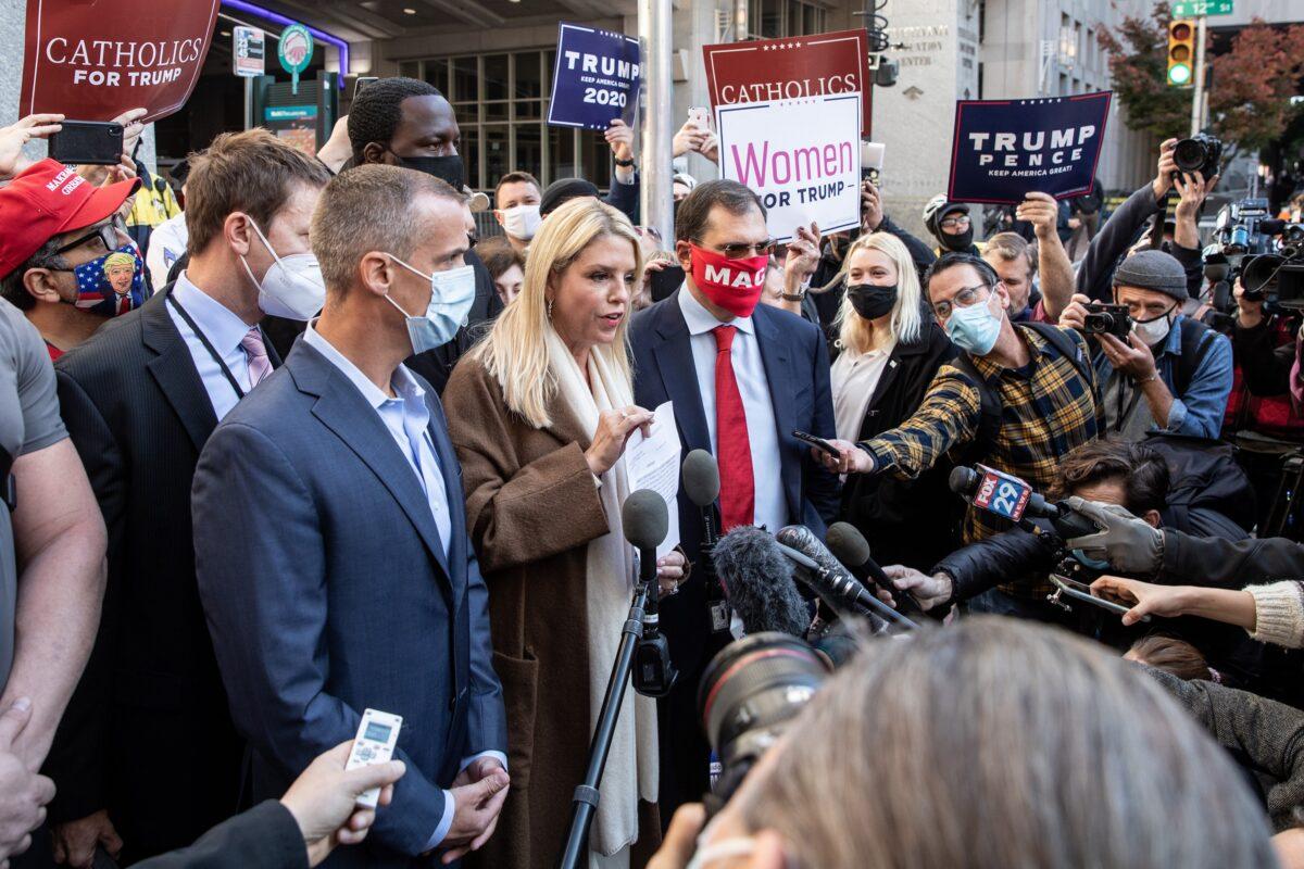 Former Florida Attorney General Pam Bondi speaks to the media about a court order giving President Donald Trump's campaign access to observe vote counting operations, in Philadelphia, Penn., on Nov. 5, 2020. (Chris McGrath/Getty Images)