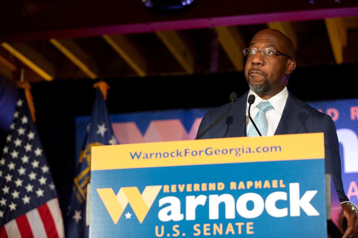 Democratic U.S. Senate candidate Rev. Raphael Warnock speaks during an Election Night event in Atlanta, Ga., on Nov. 3, 2020. (Jessica McGowan/Pool via Reuters)