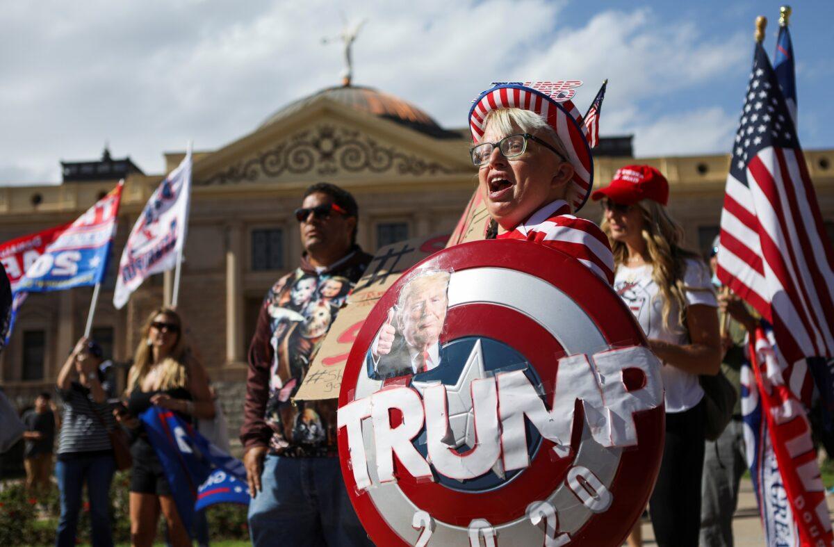 Supporters of President Donald Trump gather at a “Stop the Steal” protest in front of the Arizona State Capitol in Phoenix, Ariz., on Nov. 7, 2020. (Jim Urquhart/Reuters)