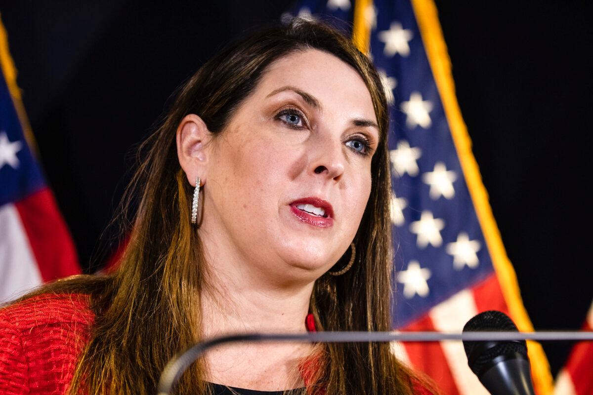 RNC Chairwoman Ronna McDaniel speaks during a press conference alongside White House press secretary Kayleigh McEnany and Trump Campaign General Counsel Matt Morgan at the Republican National Committee headquarters in Washington on Nov. 9, 2020. (Samuel Corum/Getty Images)
