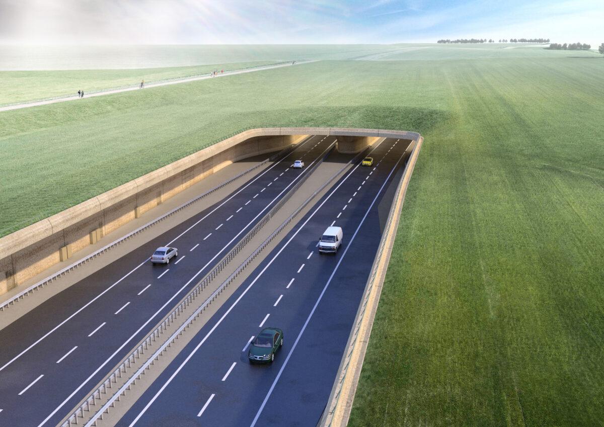 A graphic rendering of the plans for the tunnel in the A303 in the Wiltshire countryside. (Highways England)
