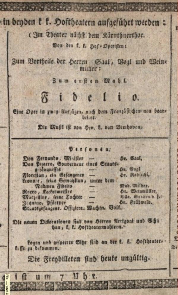 A playbill for Beethoven’s first performance of his opera “Fidelio.” (Public Domain)
