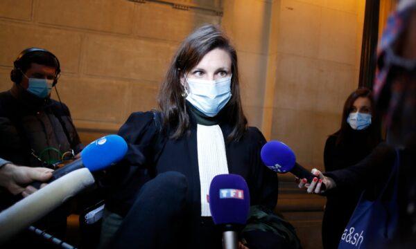 Sarah Mauger-Poliak, lawyer of ISIS operative Ayoub El Khazzaniin, speaks to media on the opening day of the Thalys attack trial, at the Paris courthouse, on Nov. 16, 2020. (Thibault Camus/AP Photo)