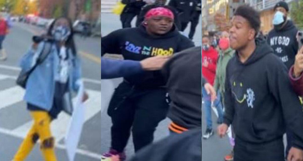 Three suspects in assaults against President Donald Trump supporters being sought by police, after four others were arrested on the scene. (Metropolitan Police Department)