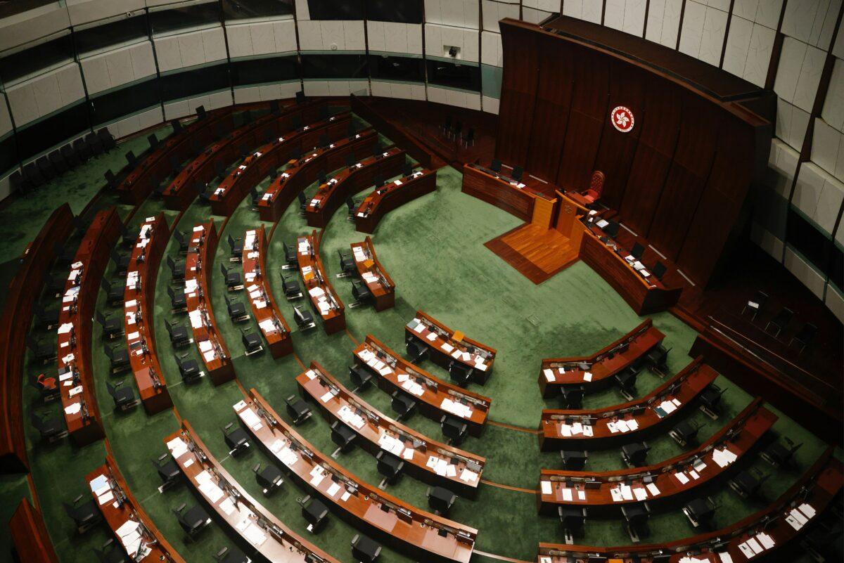 Legislative Council chamber is seen after Alvin Yeung Ngok-kiu, Kwok Ka-ki, Kenneth Leung and Dennis Kwok were disqualified when Beijing passed a new dissent resolution in Hong Kong, China on Nov. 11, 2020. (Tyrone Siu/Reuters)