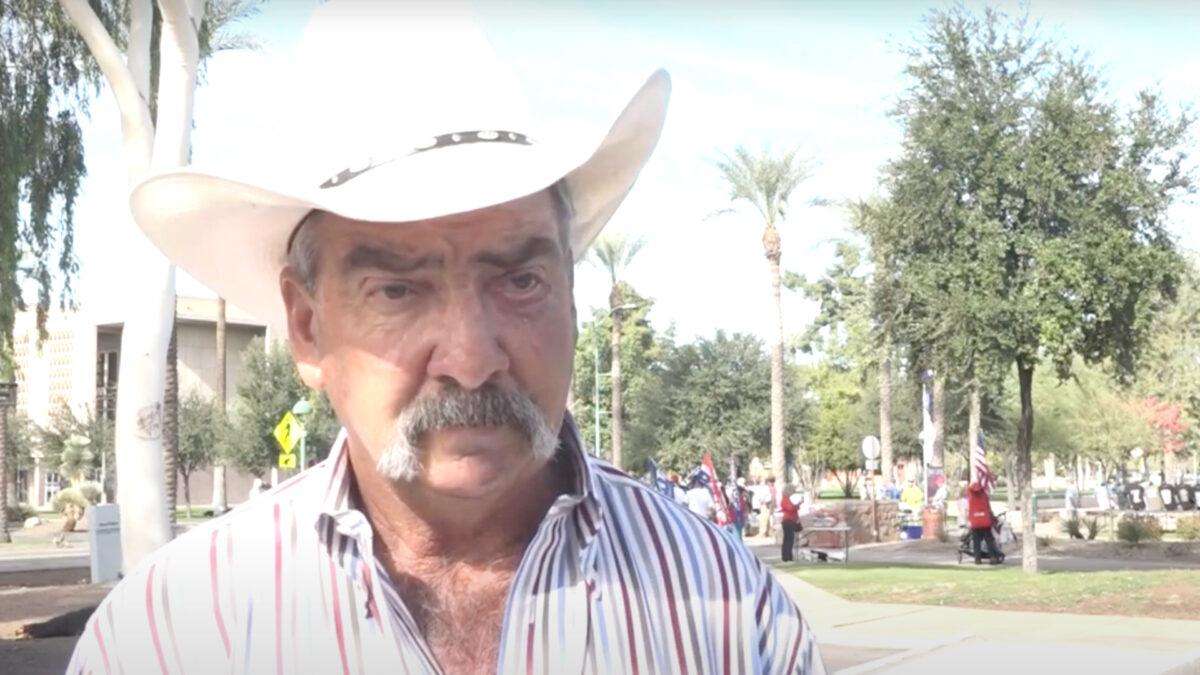 Kip Gates, a fifth-generation cowboy, speaks to a reporter at a "Stop the Steal" rally in Phoenix on Nov. 21, 2020. (Screenshot via NTD)