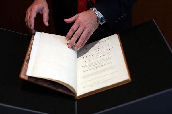 A copy of former President George Washington's personal copy of the Constitution and Bill of Rights is viewed at Christie's auction house on June 15, 2012. (Spencer Platt/Getty Images)