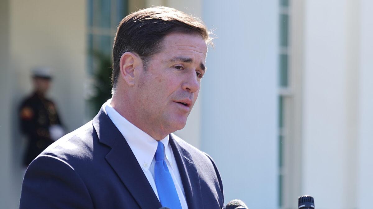Arizona Governor Doug Ducey talks to reporters after meeting with President Donald Trump at the White House in Washington on April 3, 2019.(Chip Somodevilla/Getty Images)