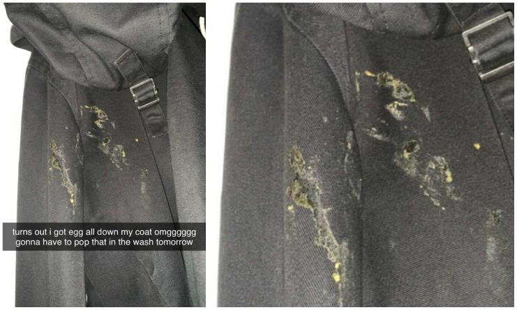 Sarah Garner's coat after an egg was thrown at her. (Caters News)