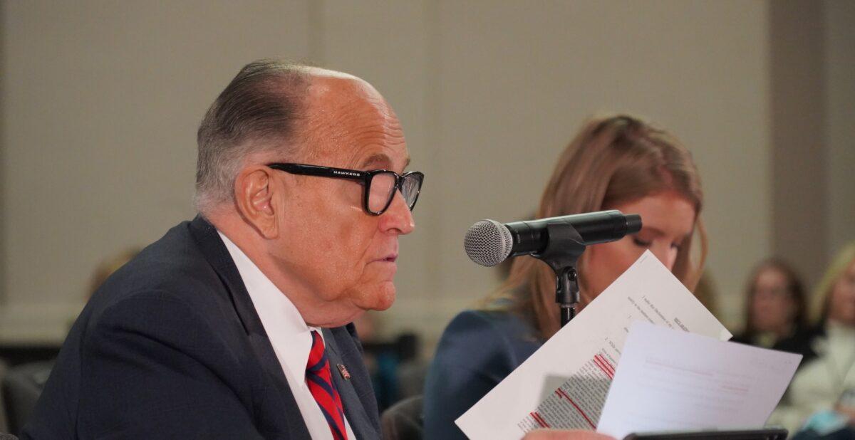 President Donald Trump's lawyer and former New York City Mayor Rudy Giuliani speaks at a public hearing on election integrity in Phoenix, on Nov. 30, 2020. (Mei Lee/The Epoch Times)
