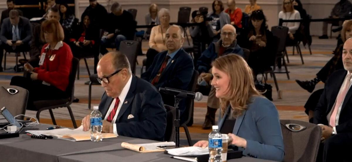 President Donald Trump’s lawyers Jenna Ellis and Rudy Giuliani, and members of Arizona State Legislature hold a public hearing on election integrity in Phoenix, Ariz., on Nov. 30, 2020. (Screenshot via NTD)