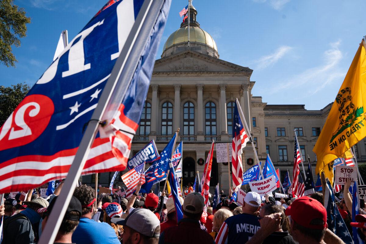 Protesters rally outside the Georgia State Capitol during a “March for Trump” in Atlanta on Nov. 21, 2020. (Elijah Nouvelage/Getty Images)