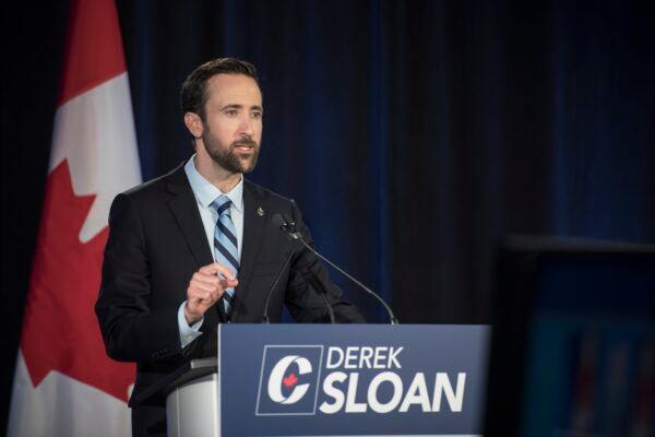 MP Derek Sloan speaks during the English debate as a leadership candidate for the Party of Canada leadership in Toronto on June 18, 2020. (Tijana Martin/The Canadian Press)