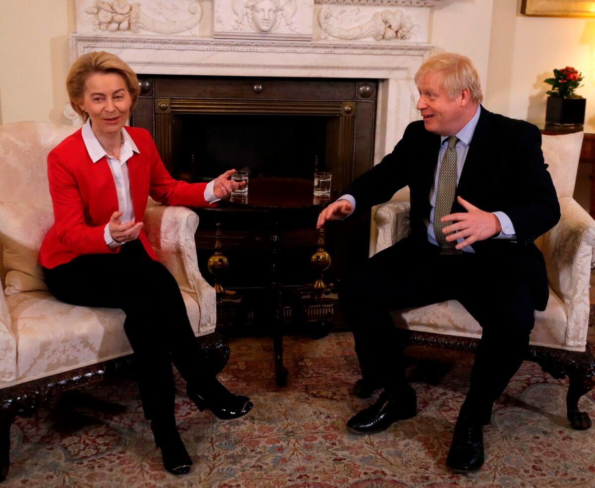 Britain's Prime Minister Boris Johnson (R) listens to European Commission President Ursula von der Leyen ahead of their meeting inside 10 Downing Street, in central London, UK, on Jan. 8, 2020. (Kirsty Wigglesworth/Pool/AFP via Getty Images)