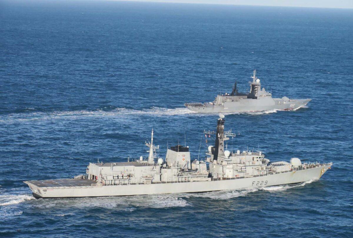 An undated photo showing British naval vessel HMS Lancaster (foreground) shadowing a Russian corvette named Boikiy, near British waters. (UK Royal Navy)