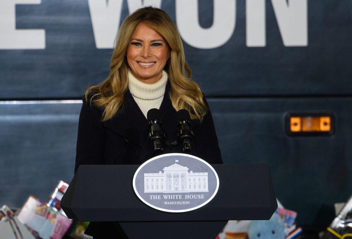 First Lady Melania Trump addresses the annual Marine Toys for Tots Drive at Joint Base Anacostia-Bolling in Washington on Dec. 8, 2020. (Nicholas Kamm/AFP via Getty Images)