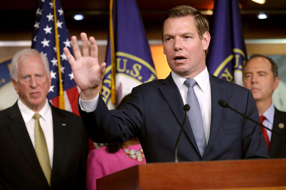 House Intelligence Committee member Rep. Eric Swalwell (D-Calif.) speaks at a news conference about the Trump–Putin Helsinki summit in the U.S. Capitol Visitors Center in Washington on July 17, 2018. (Chip Somodevilla/Getty Images)