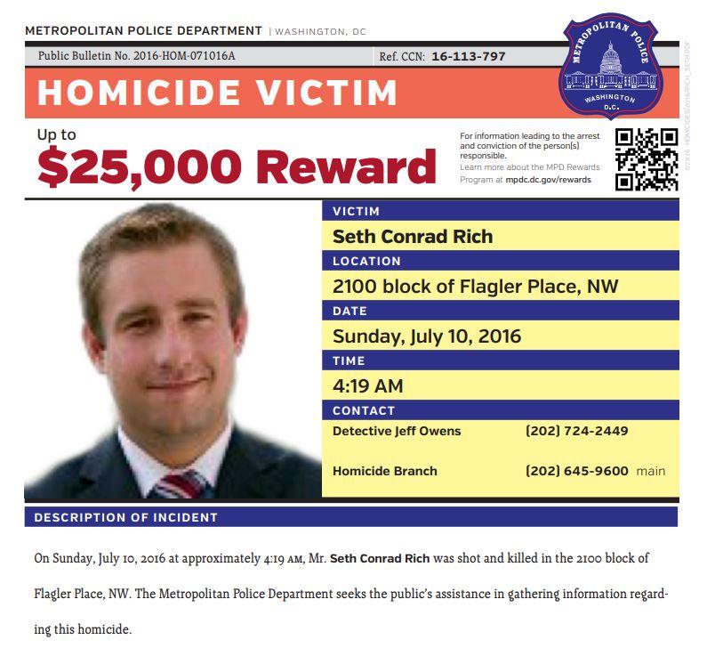 Seth Rich is pictured on a poster created by police officials to urge people with information about his murder to come forward. (Metropolitan Police Department)