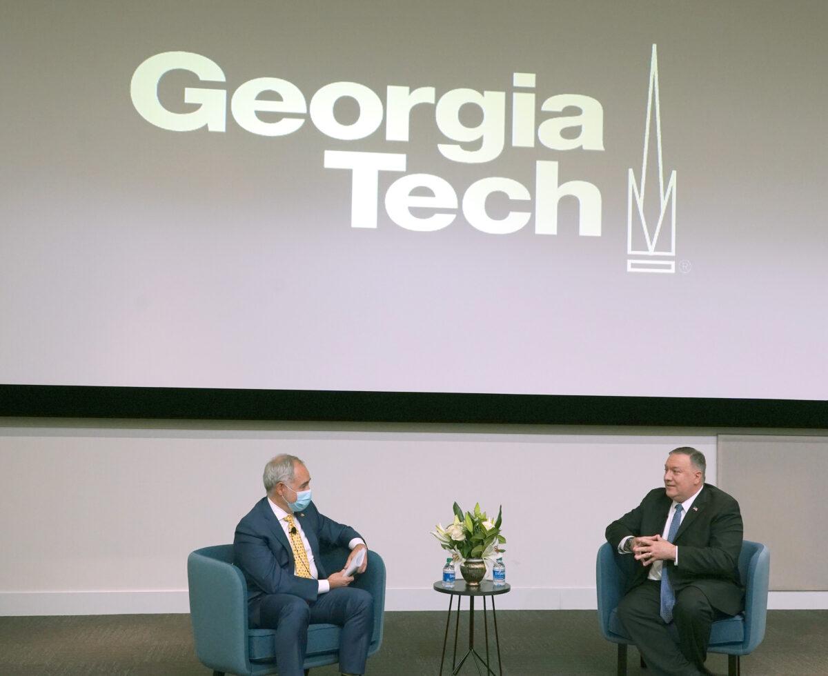 US Secretary of State Mike Pompeo speaks with Dr. Angel Cabrera, President of the Georgia Institute of Technology, on "China challenge to US national security and academic freedom," in Atlanta, Ga., on Dec. 9, 2020. (Tami Chappell/AFP via Getty Images)