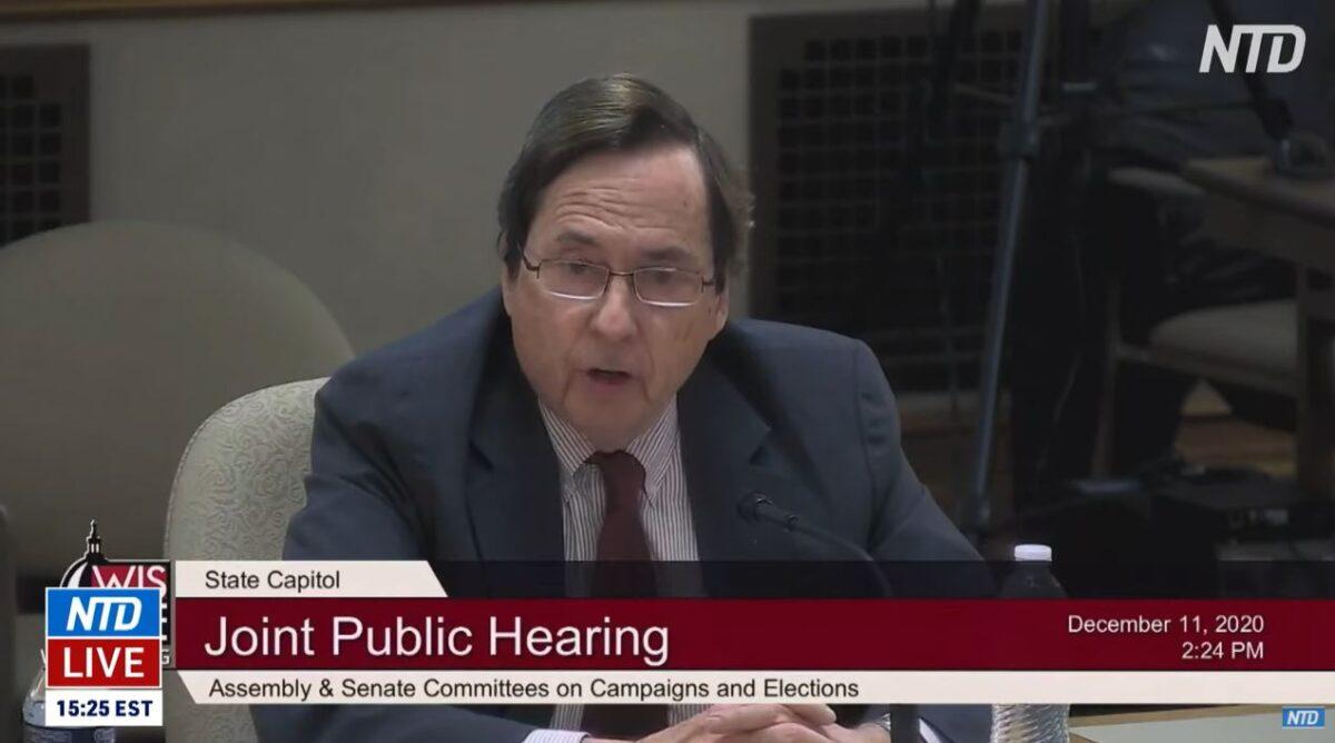 In this image from video, Bob Spindell, a commissioner on the Wisconsin Elections Commission, speaks during a state hearing on elections in Madison, Wis., on Dec. 11, 2020. (NTD Television)