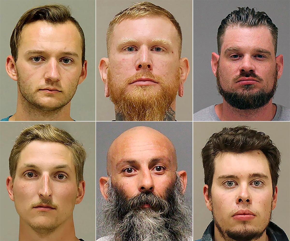 A federal grand jury has charged six men with conspiring to kidnap Michigan Gov. Gretchen Whitmer: from top left, Kaleb Franks, Brandon Caserta, Adam Dean Fox, and bottom left, Daniel Harris, Barry Croft, and Ty Garbin, in an indictment released Dec. 17, 2020. (Kent County Sheriff via AP File)