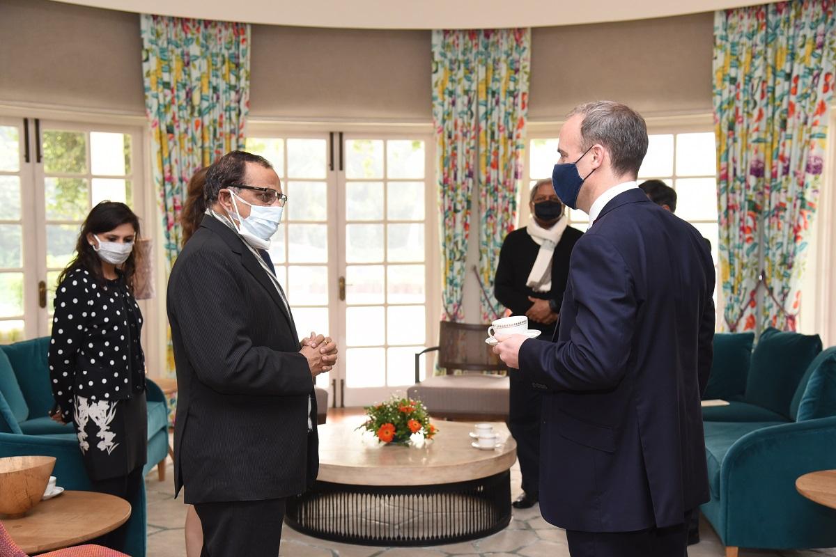 UK Foreign Secretary Dominic Raab (R) meets stakeholders involved in vaccine roll out and development in Delhi on Dec. 15, 2020. (Pic Courtesy UK Govt.)