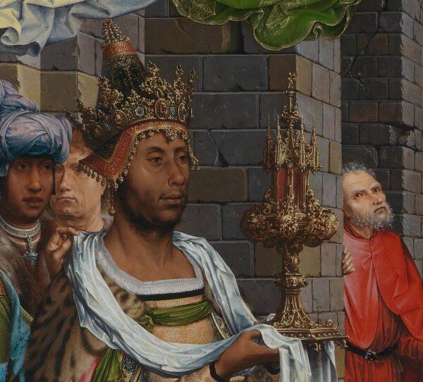 King Balthasar wearing his inscribed crown, in a detail of “Adoration of the Magi.” (PD-US)