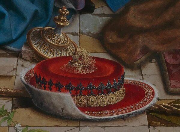 King Caspar’s red hat inscribed with his name, in a detail of “Adoration of the Magi.” (PD-US)