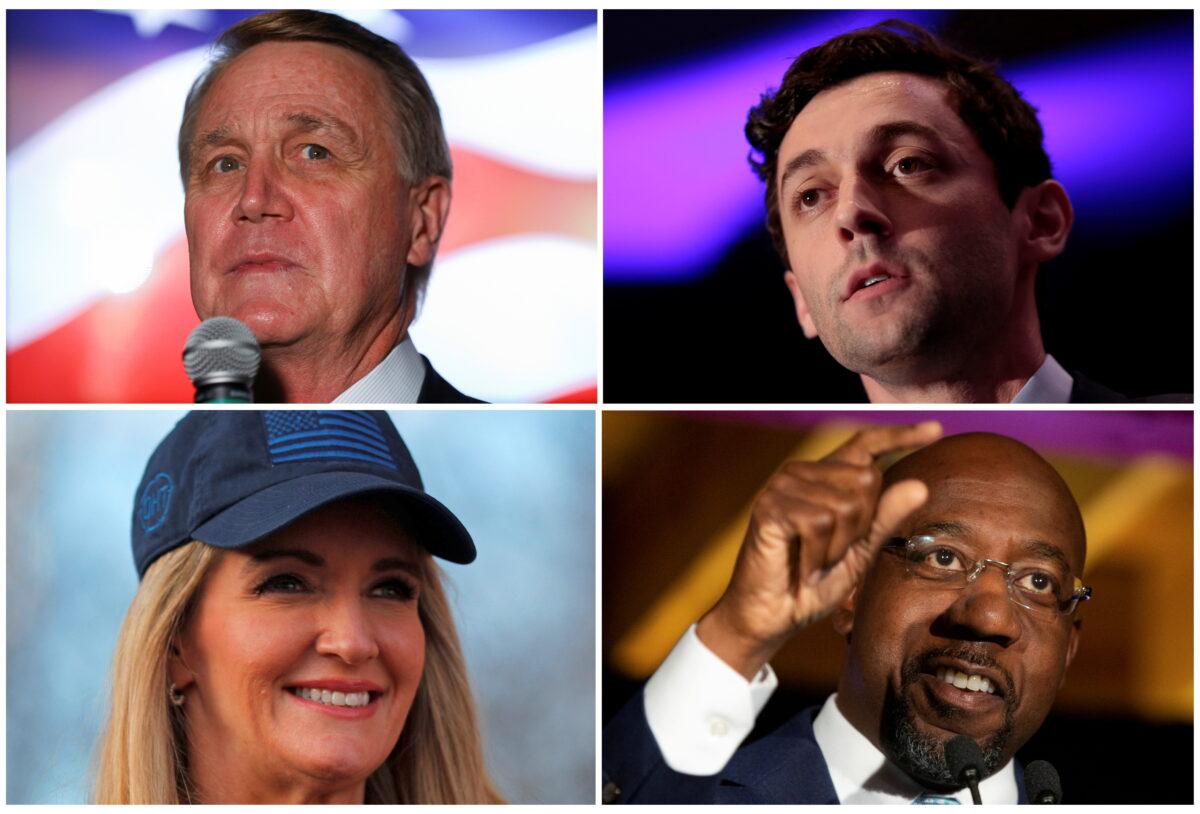 Republican Senate candidate David Perdue (top L) and Sen. Kelly Loeffler (R-Ga.) (bottom L) and their Georgia runoff election challengers, Democratic U.S. Senate candidates Jon Ossoff and Rev. Raphael Warnock, are seen in a combination of file photographs. (Reuters)